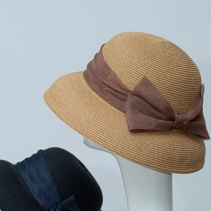 Ribbon Bow Straw Sun Hat Khaki / One Size Apparel and Accessories