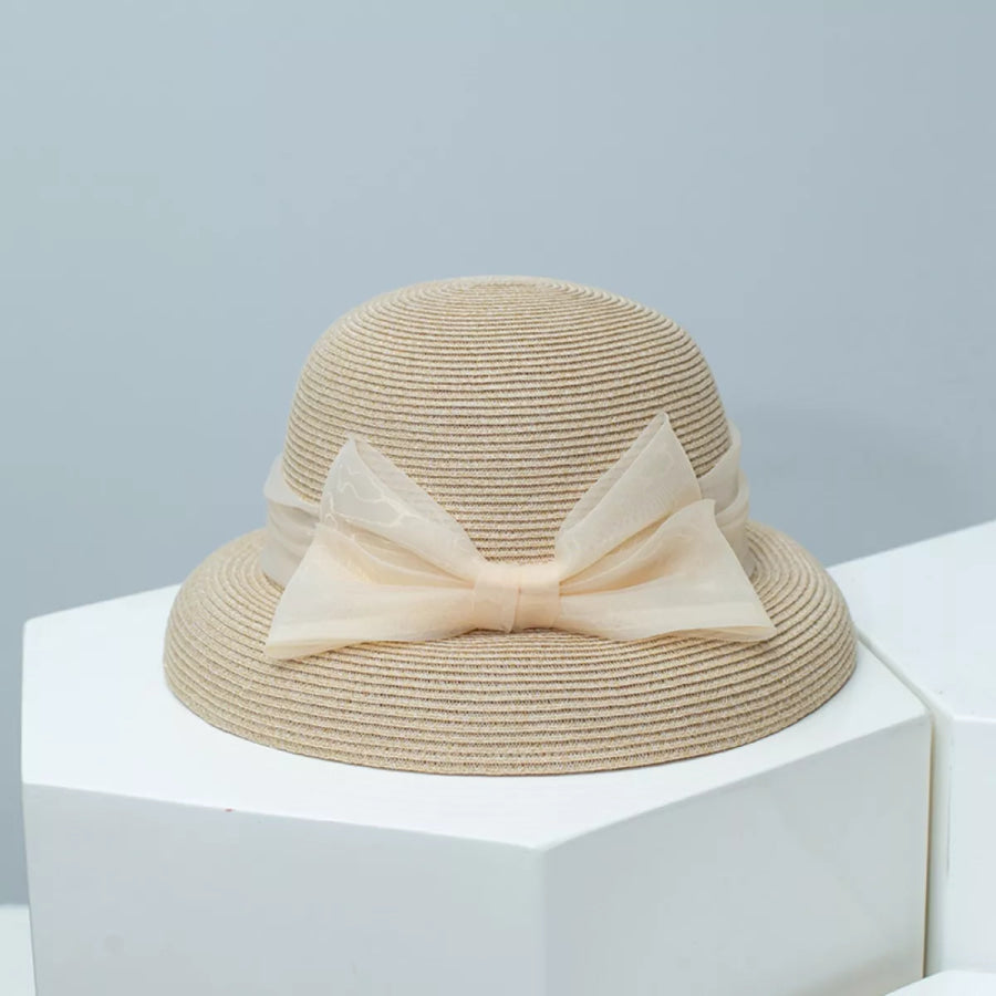 Ribbon Bow Straw Sun Hat Beige / One Size Apparel and Accessories