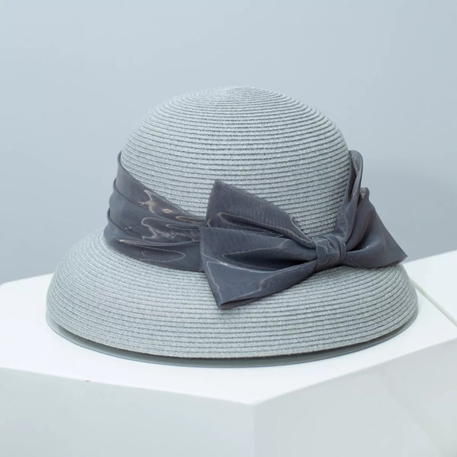 Ribbon Bow Straw Sun Hat Gray / One Size Apparel and Accessories