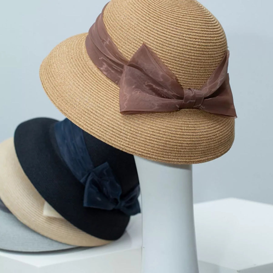 Ribbon Bow Straw Sun Hat Khaki / One Size Apparel and Accessories