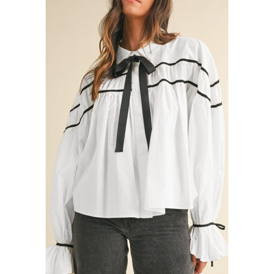 Ribbon Bowtie Collared Neck Flounce Sleeve Shirt White / S Apparel and Accessories