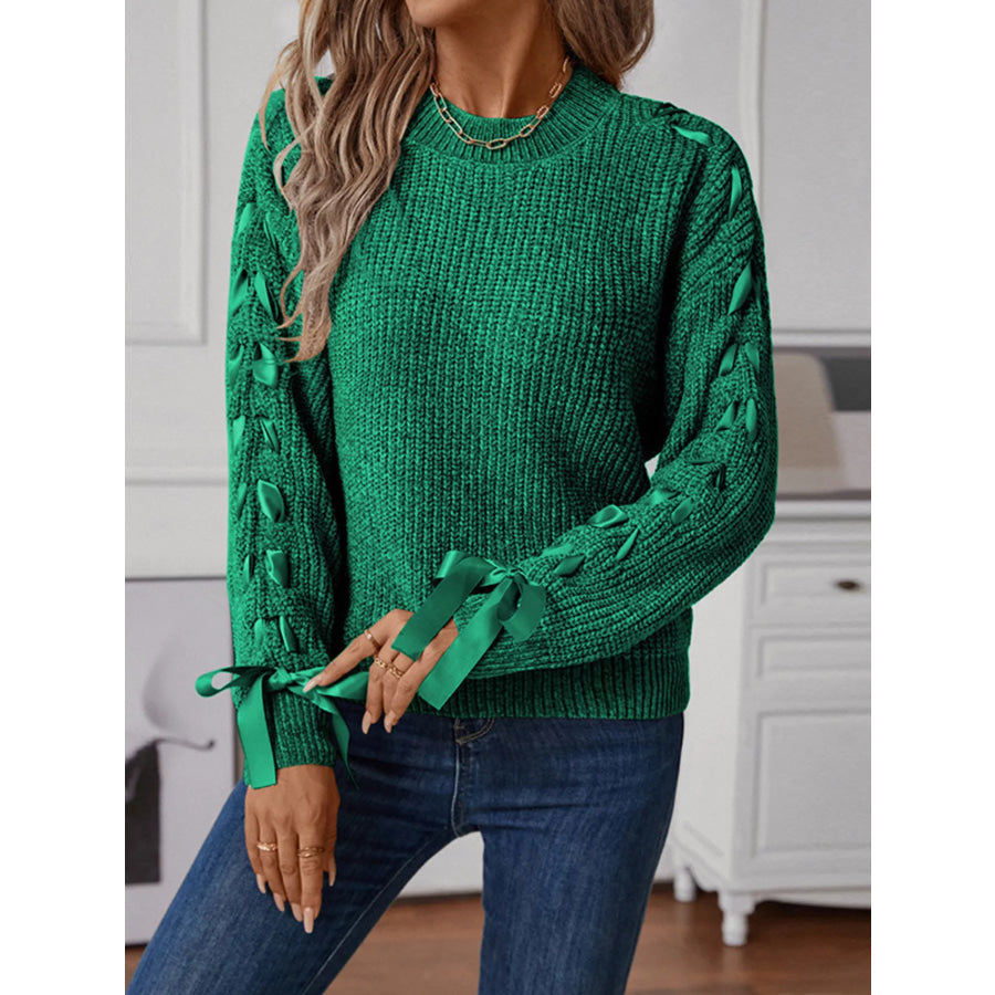 Ribbon-Tie Sleeve Round Neck Sweater Apparel and Accessories