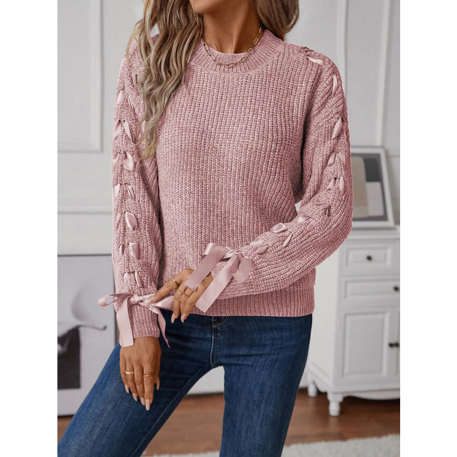 Ribbon-Tie Sleeve Round Neck Sweater Apparel and Accessories