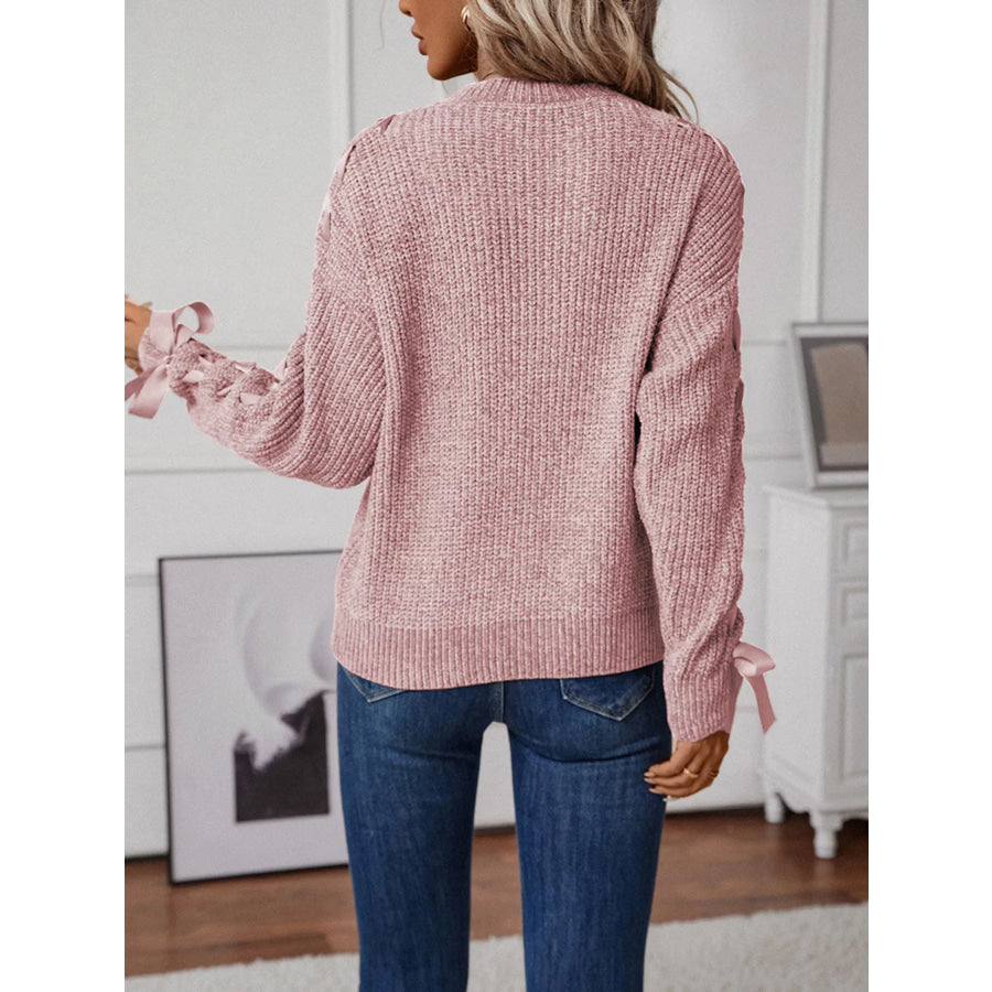 Ribbon-Tie Sleeve Round Neck Sweater Apparel and Accessories