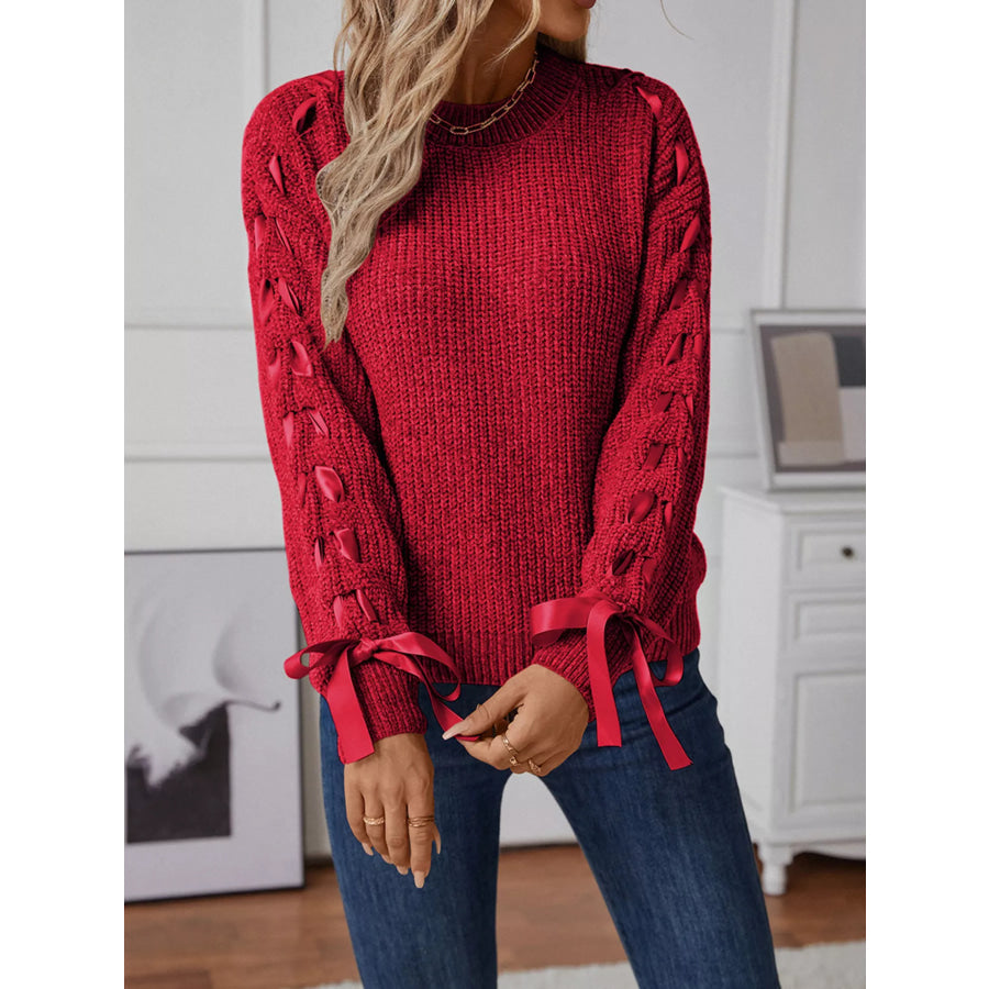 Ribbon-Tie Sleeve Round Neck Sweater Apparel and Accessories