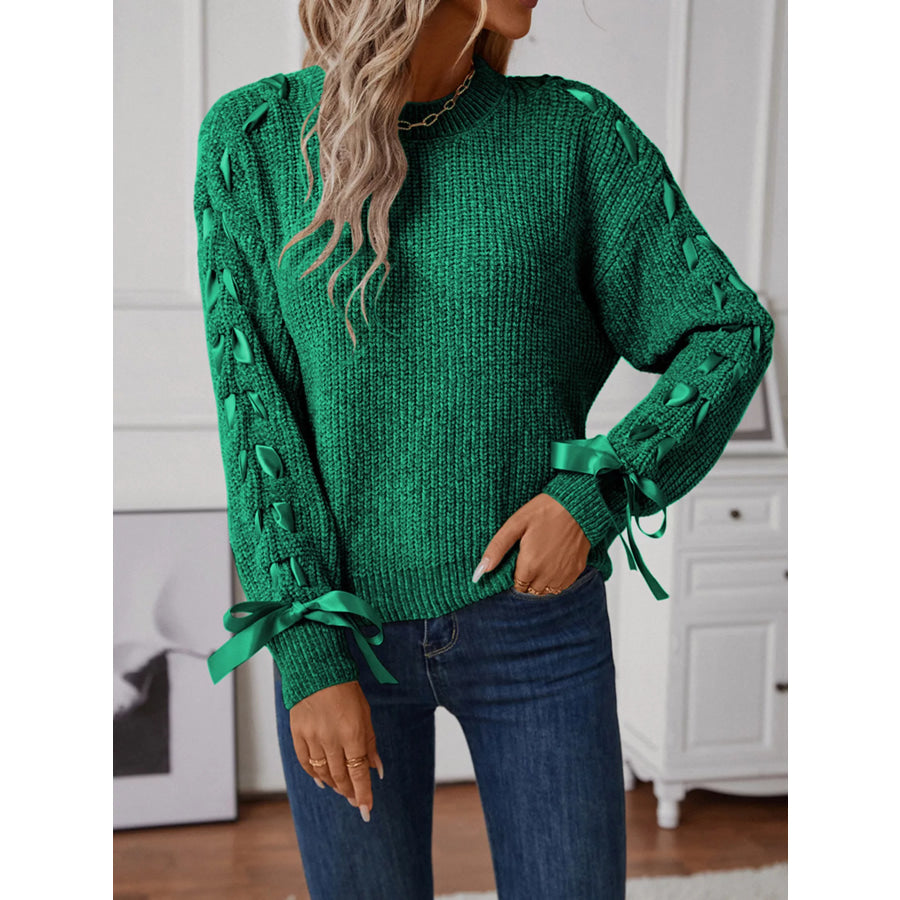 Ribbon-Tie Sleeve Round Neck Sweater Apparel and Accessories