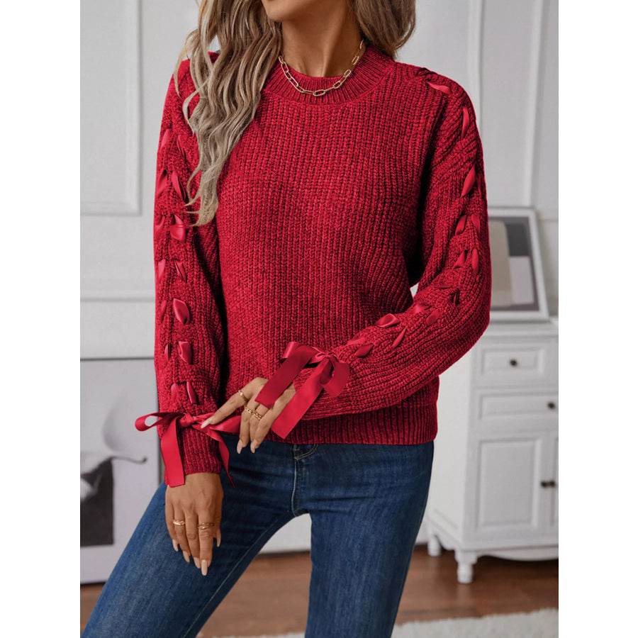 Ribbon-Tie Sleeve Round Neck Sweater Apparel and Accessories