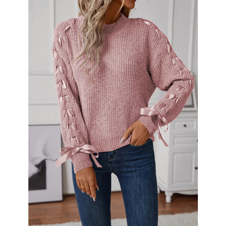 Ribbon-Tie Sleeve Round Neck Sweater Apparel and Accessories