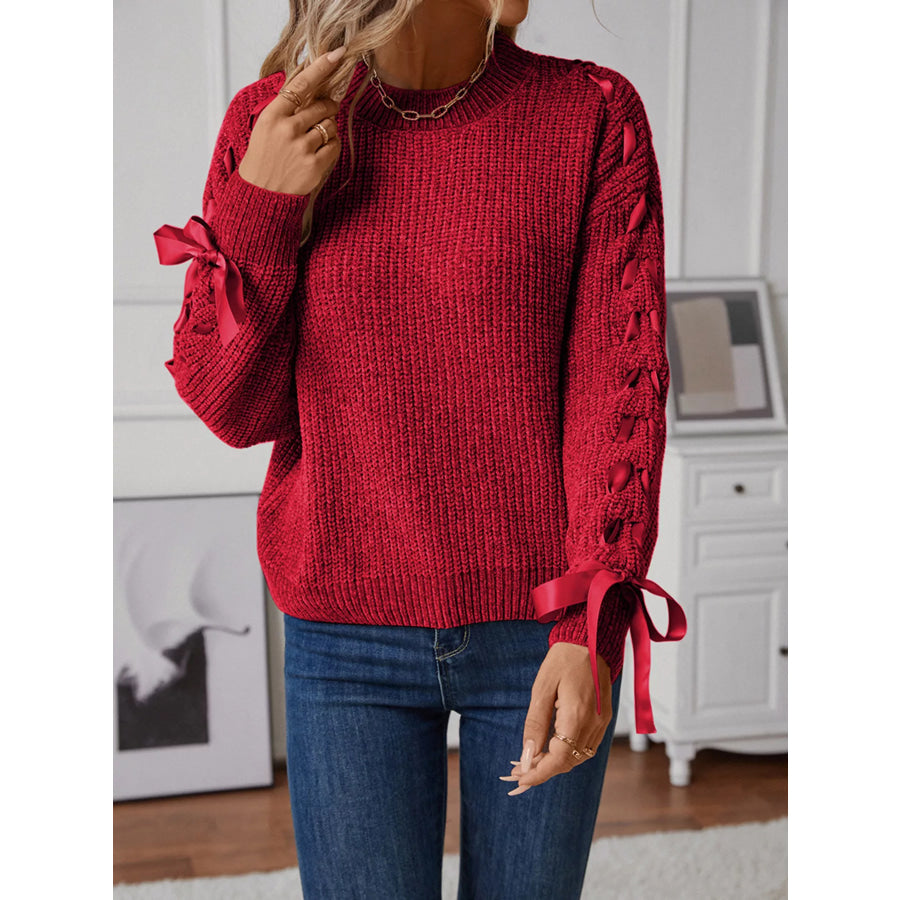 Ribbon-Tie Sleeve Round Neck Sweater Apparel and Accessories