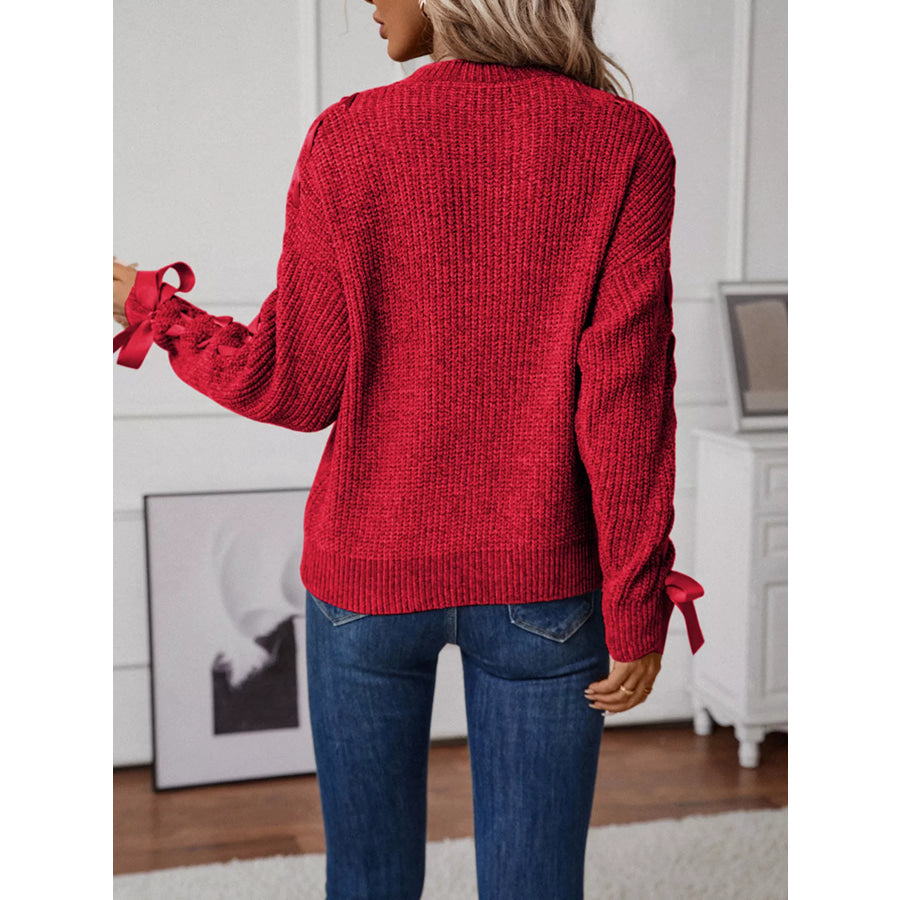 Ribbon-Tie Sleeve Round Neck Sweater Apparel and Accessories
