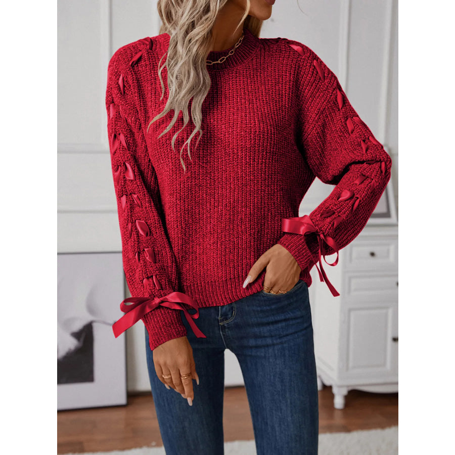 Ribbon-Tie Sleeve Round Neck Sweater Apparel and Accessories