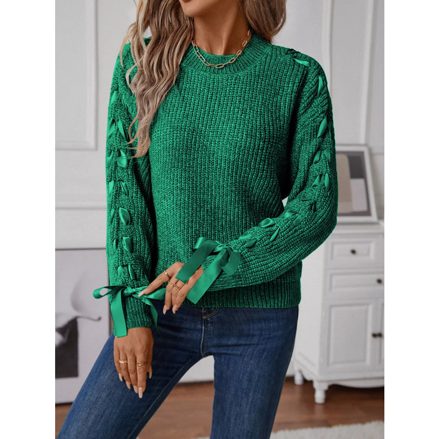 Ribbon-Tie Sleeve Round Neck Sweater Dark Green / S Apparel and Accessories