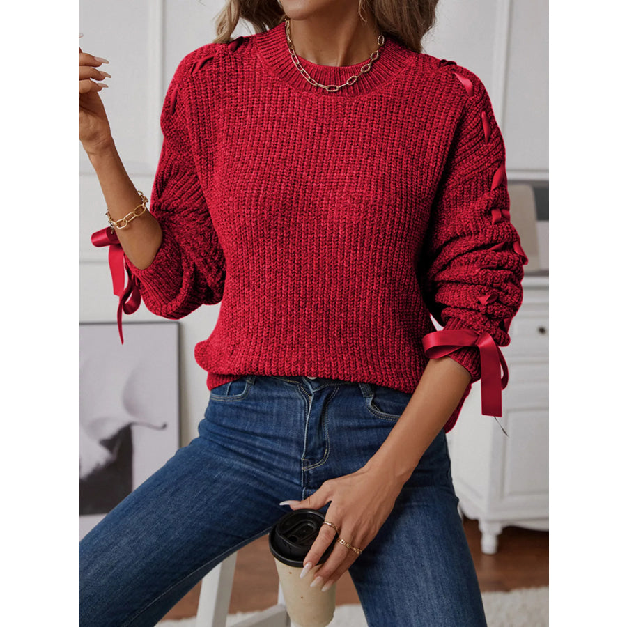 Ribbon-Tie Sleeve Round Neck Sweater Deep Red / S Apparel and Accessories