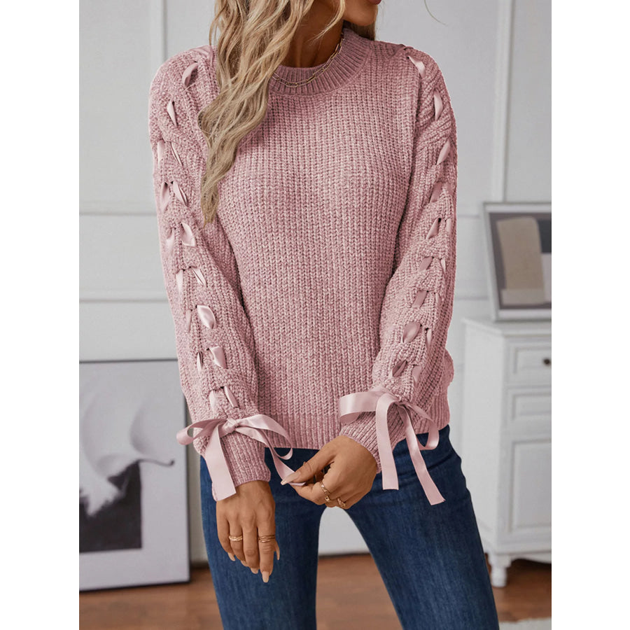 Ribbon-Tie Sleeve Round Neck Sweater Dusty Pink / S Apparel and Accessories