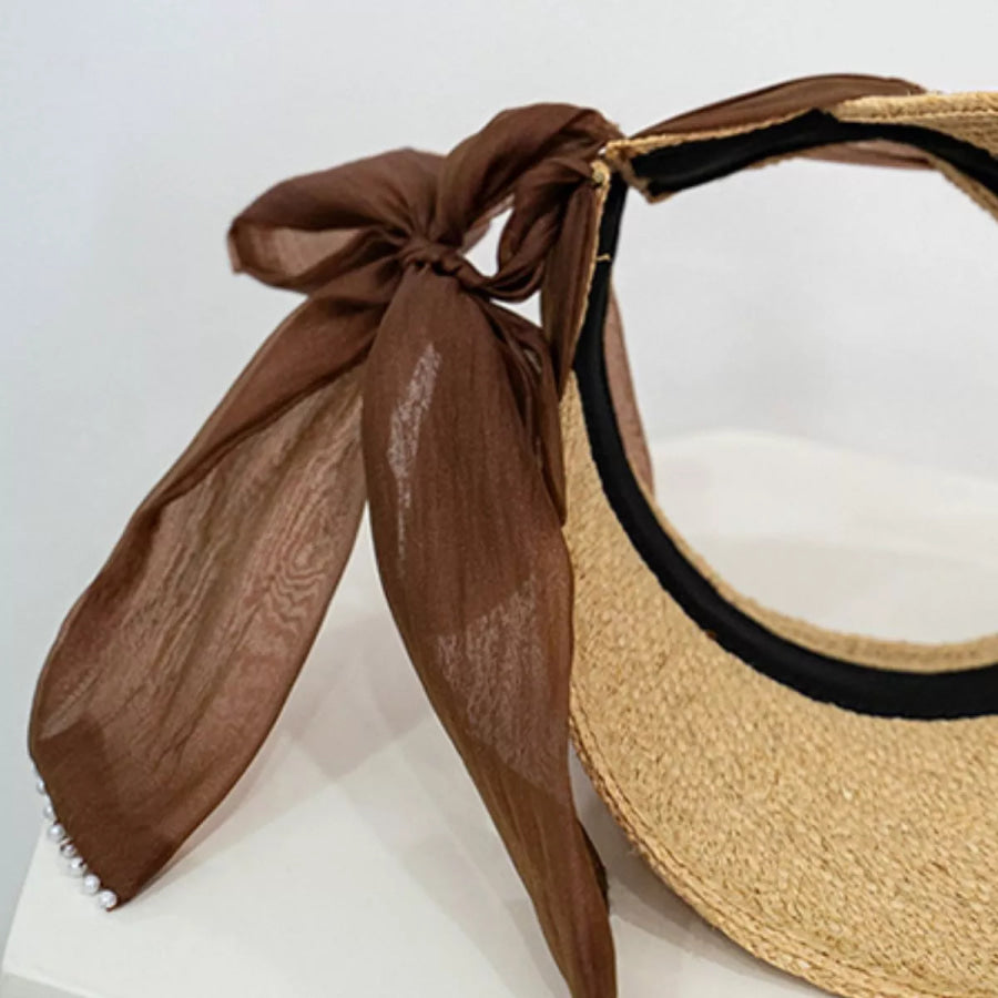 Ribbon-Tie Straw Visor Sun Hat Apparel and Accessories