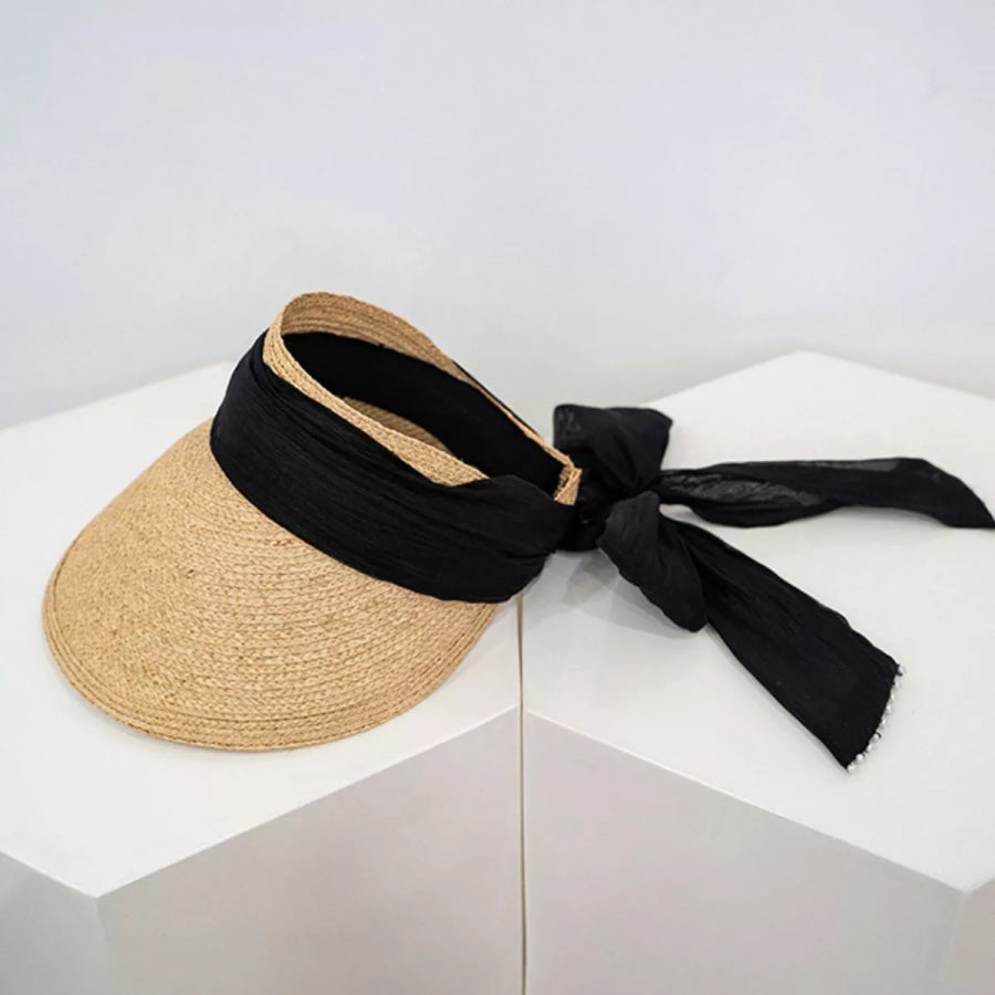 Ribbon-Tie Straw Visor Sun Hat Apparel and Accessories