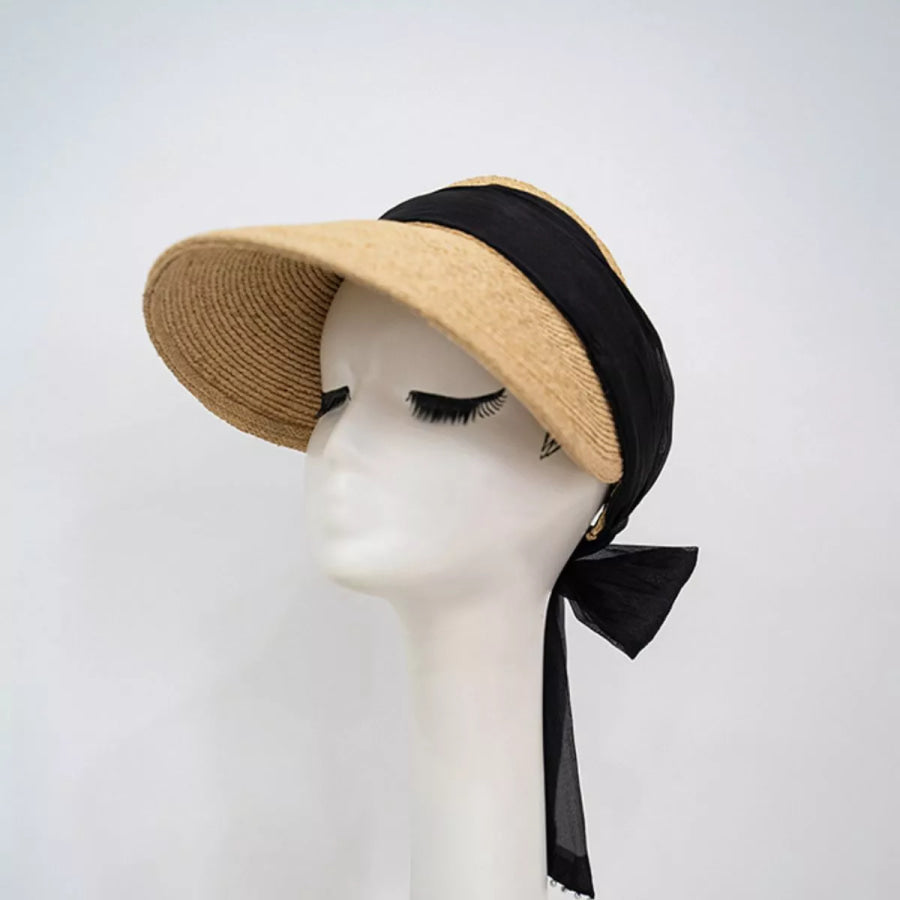 Ribbon-Tie Straw Visor Sun Hat Black / One Size Apparel and Accessories