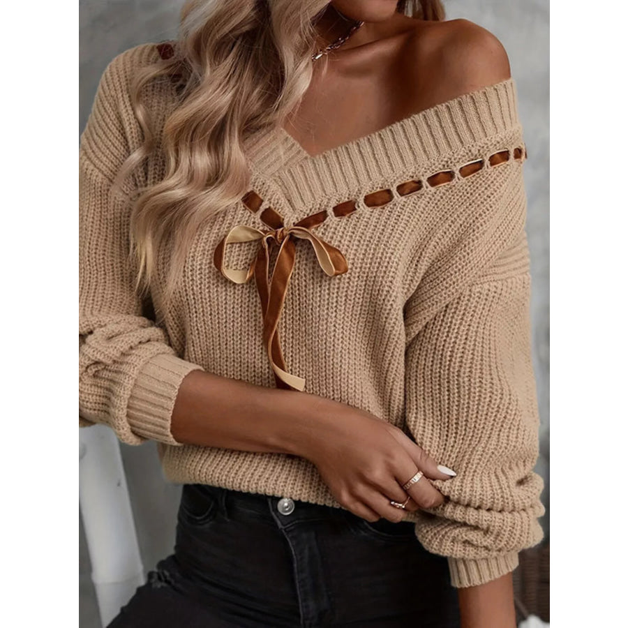 Ribbon Tie V-Neck Sweater Apparel and Accessories