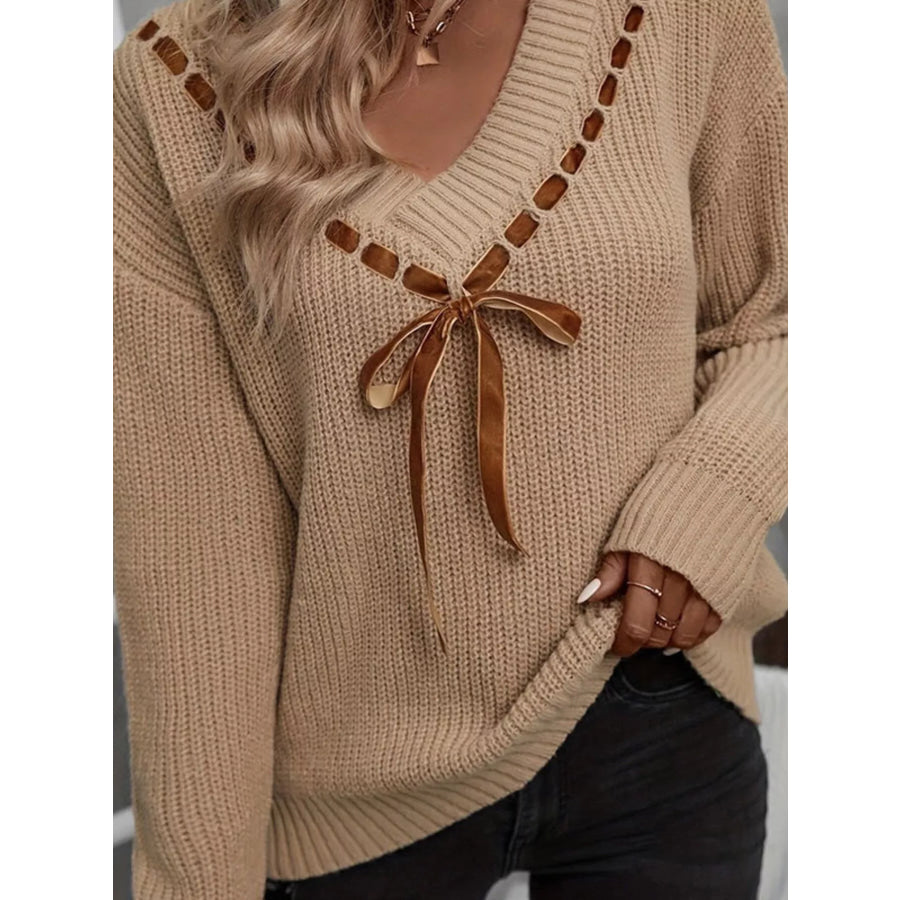 Ribbon Tie V-Neck Sweater Apparel and Accessories