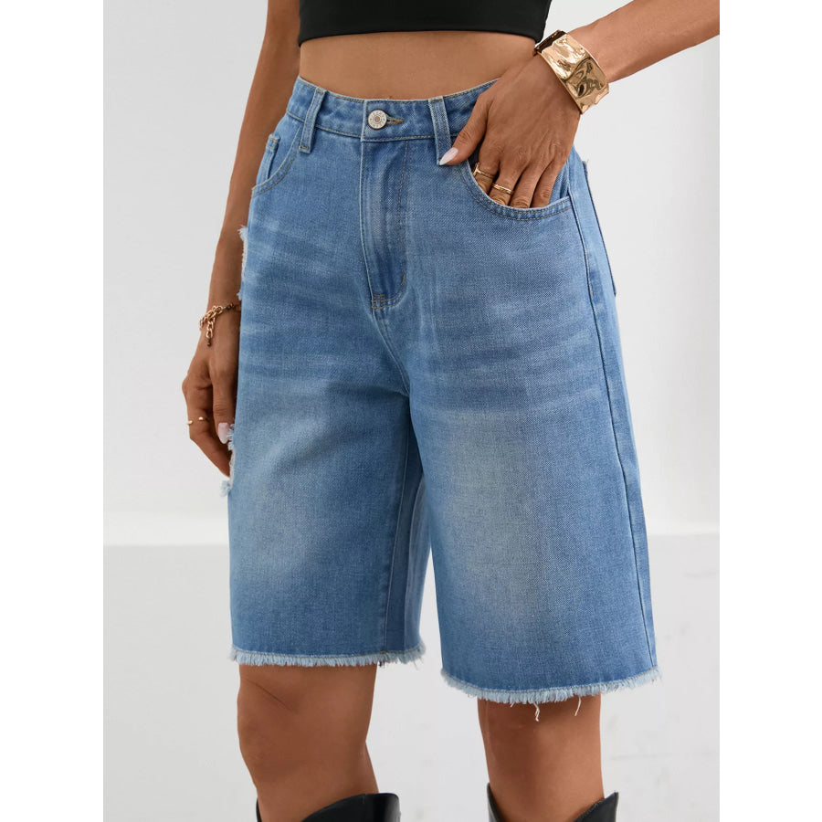 Ripped Frayed Hem Denim Shorts Apparel and Accessories