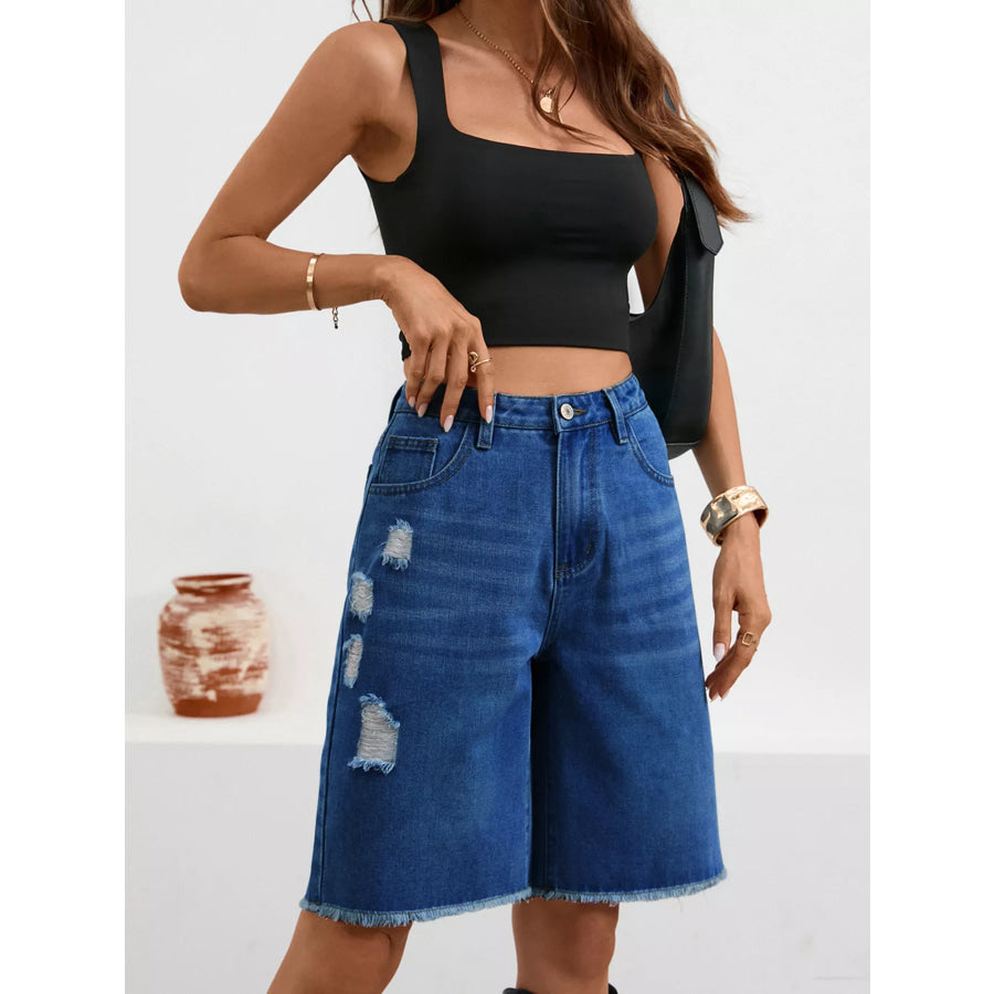 Ripped Frayed Hem Denim Shorts Apparel and Accessories