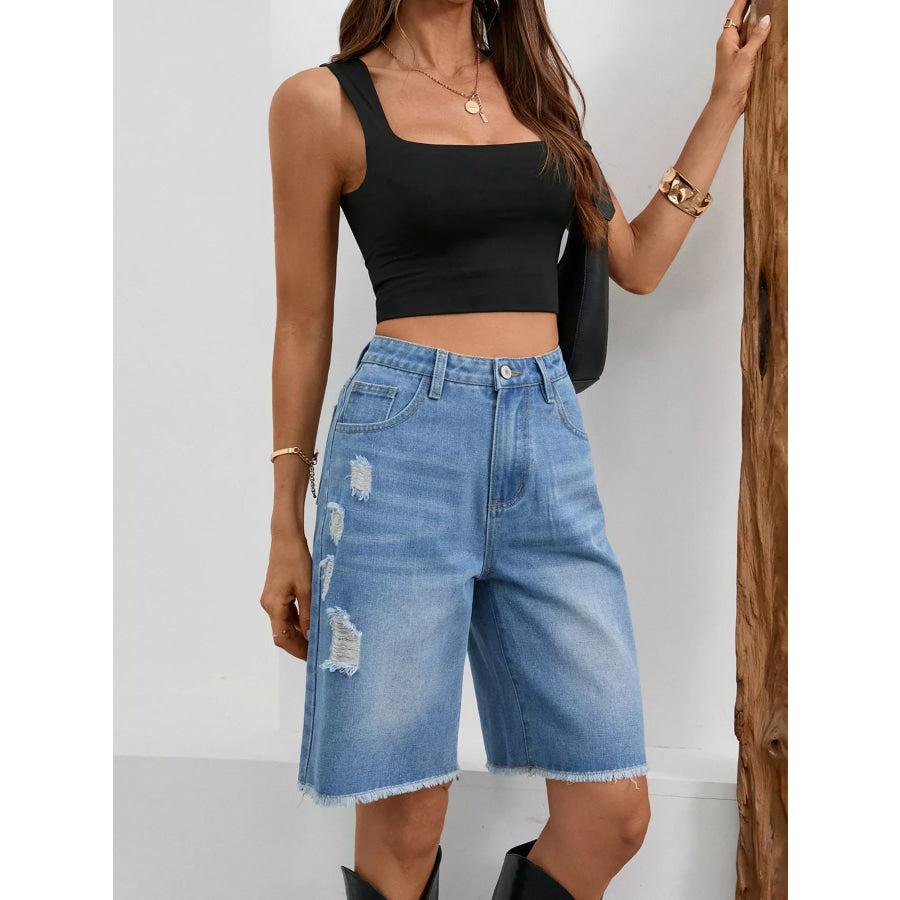 Ripped Frayed Hem Denim Shorts Apparel and Accessories