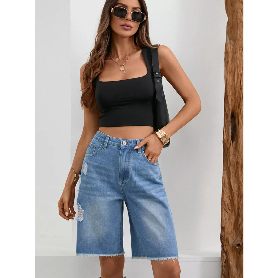 Ripped Frayed Hem Denim Shorts Apparel and Accessories