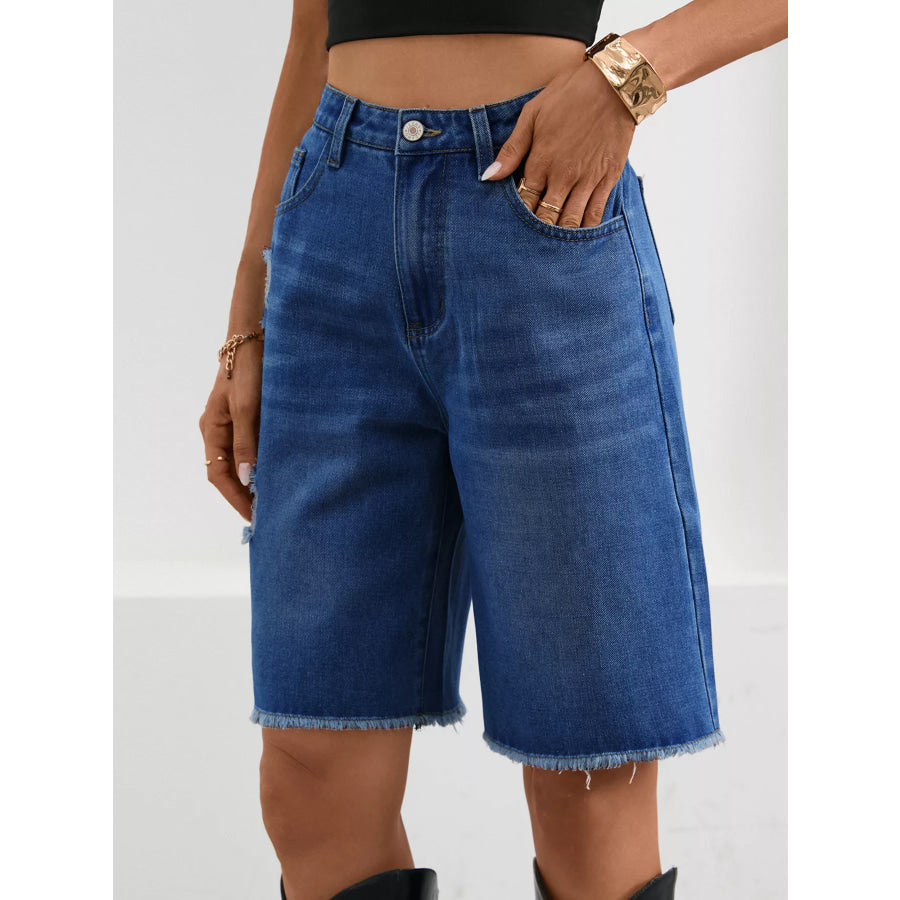 Ripped Frayed Hem Denim Shorts Apparel and Accessories