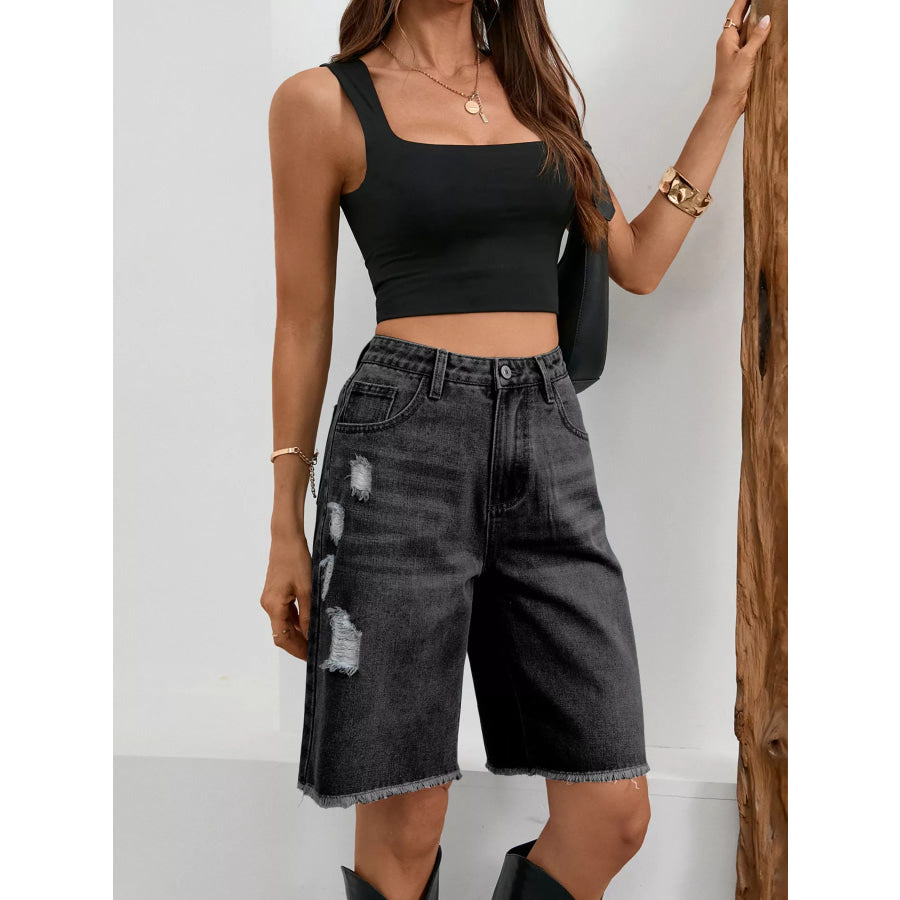 Ripped Frayed Hem Denim Shorts Apparel and Accessories
