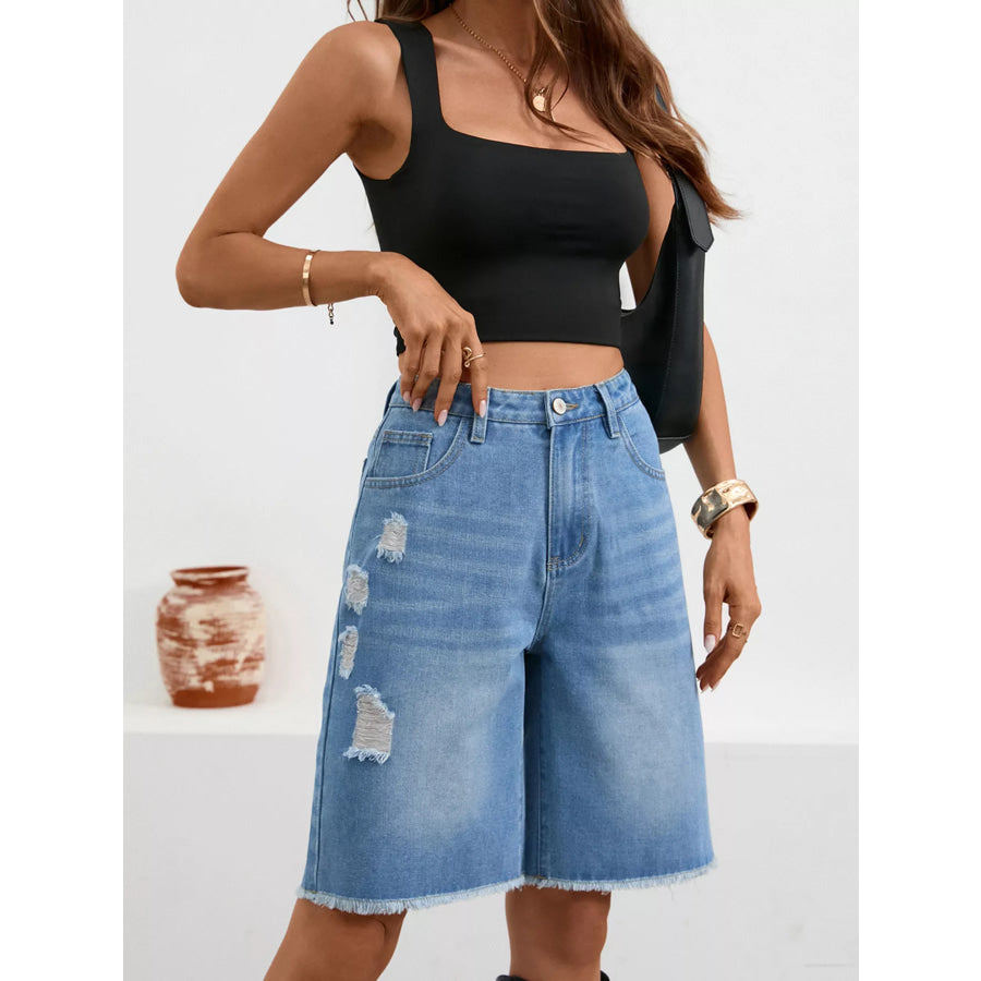 Ripped Frayed Hem Denim Shorts Apparel and Accessories
