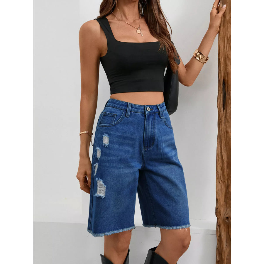 Ripped Frayed Hem Denim Shorts Apparel and Accessories