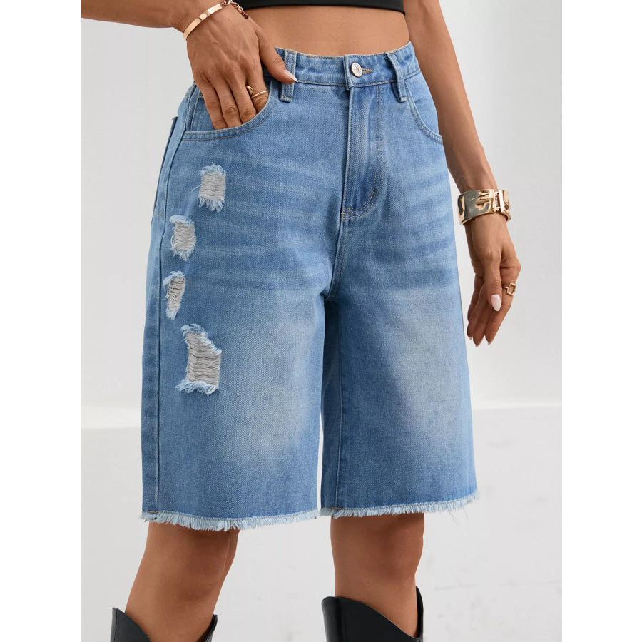 Ripped Frayed Hem Denim Shorts Light Blue / S Apparel and Accessories