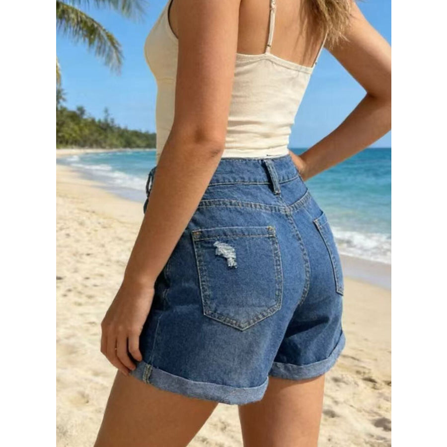 Ripped High-Waisted Denim Shorts Dark Blue / XS Apparel and Accessories