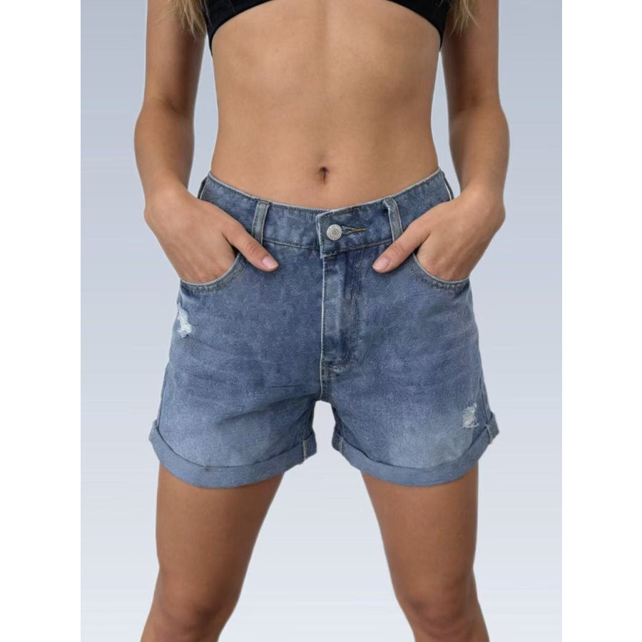 Ripped High-Waisted Denim Shorts Apparel and Accessories