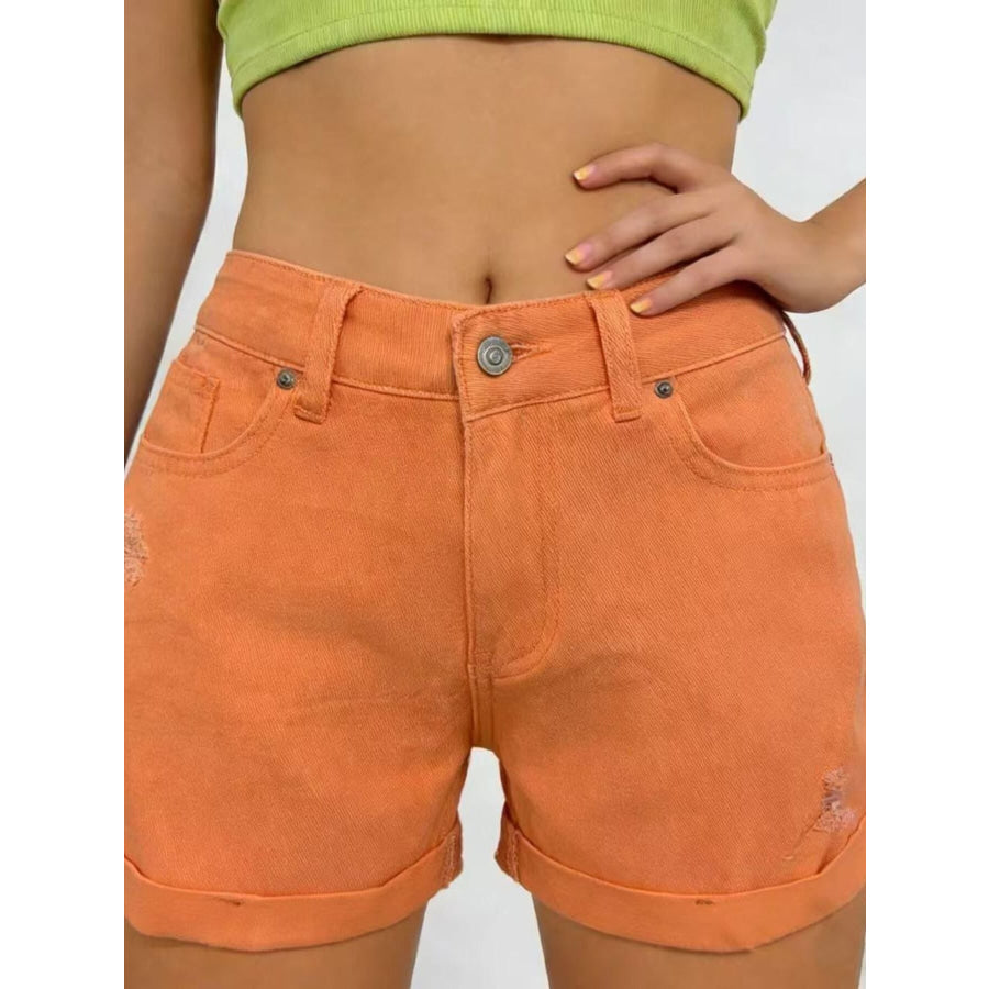 Ripped High-Waisted Denim Shorts Orange-red / XS Apparel and Accessories