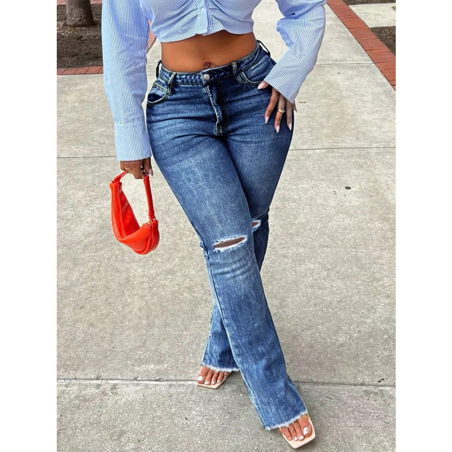 Ripped Knee Flare Jeans Dark Blue / S Apparel and Accessories