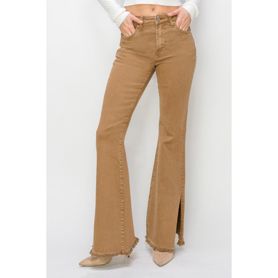 RISEN Bailey Full Size High Waist Side Slit Flare Jeans Brown / 0(24) Apparel and Accessories