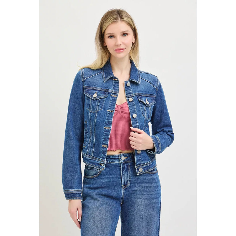 RISEN Basic Fitted Button Down Denim Jacket Apparel and Accessories