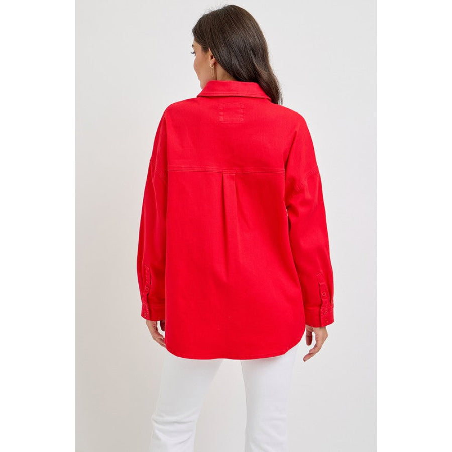 RISEN Button Down Long Sleeve Denim Shacket with Chest Pockets Scarlet / S Apparel and Accessories