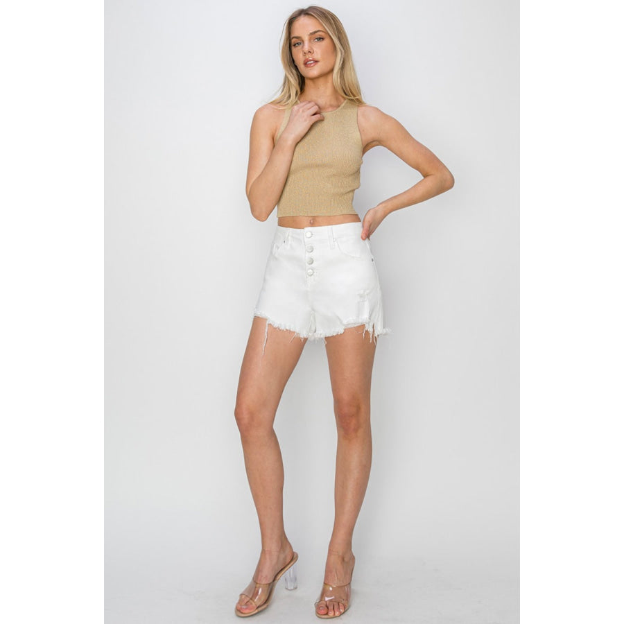 RISEN Button Fly Frayed Hem Denim Shorts Apparel and Accessories