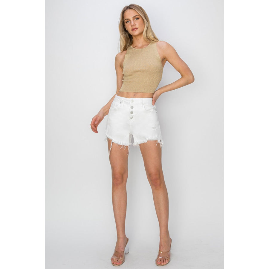 RISEN Button Fly Frayed Hem Denim Shorts Apparel and Accessories