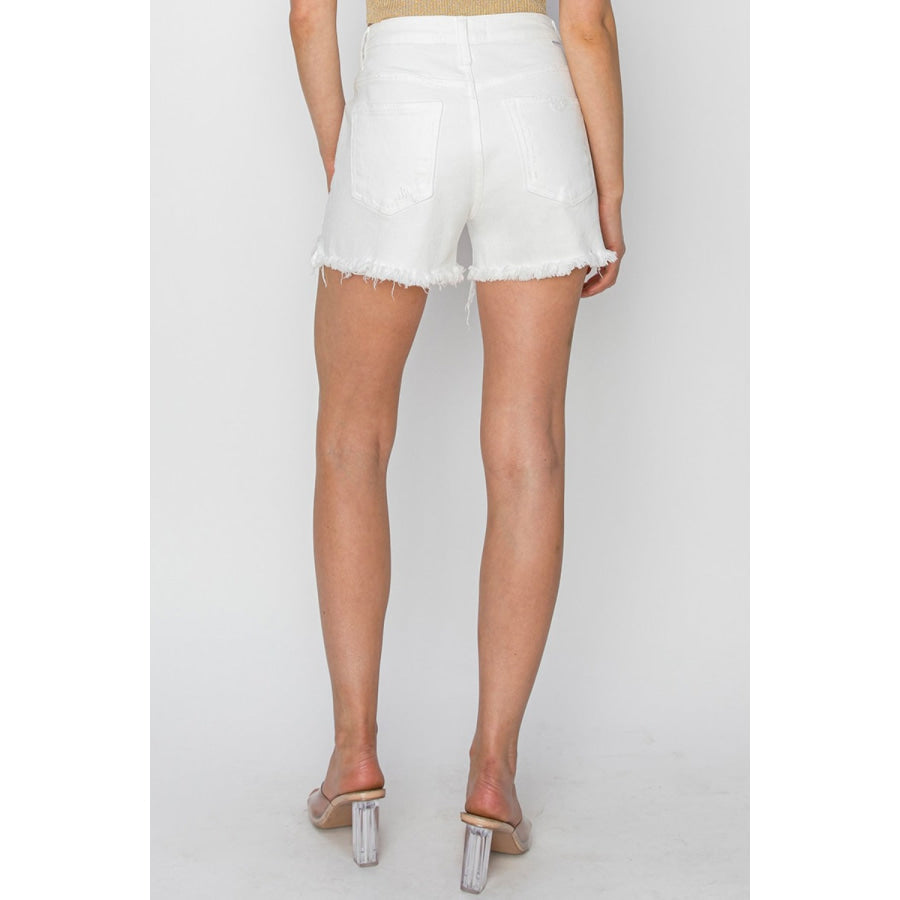 RISEN Button Fly Frayed Hem Denim Shorts Apparel and Accessories