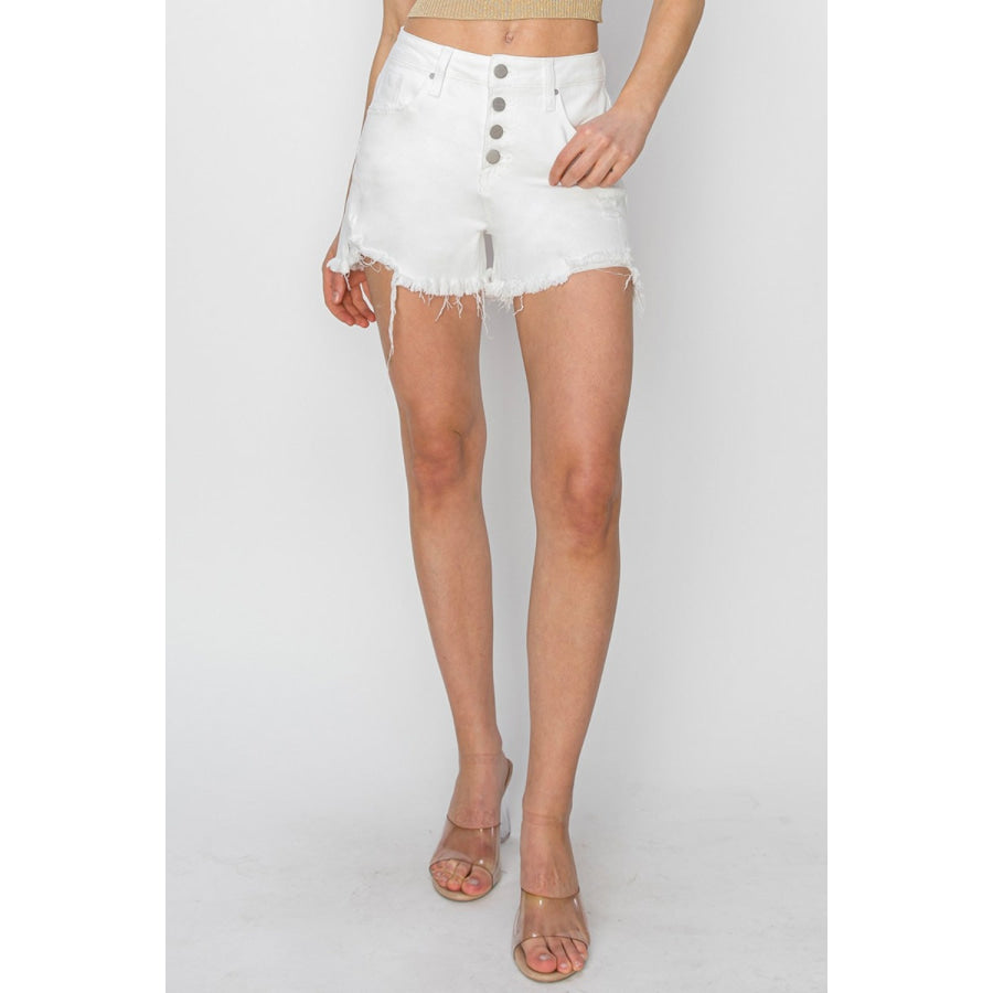 RISEN Button Fly Frayed Hem Denim Shorts Apparel and Accessories