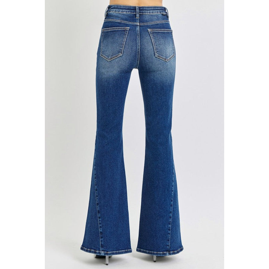 RISEN Distressed Button-Fly Flare Jeans Dark / 0(24) Apparel and Accessories