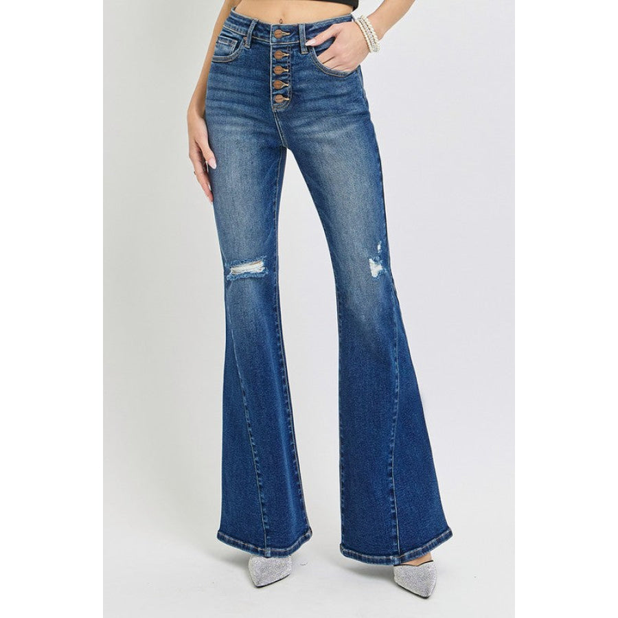 RISEN Distressed Button-Fly Flare Jeans Dark / 0(24) Apparel and Accessories