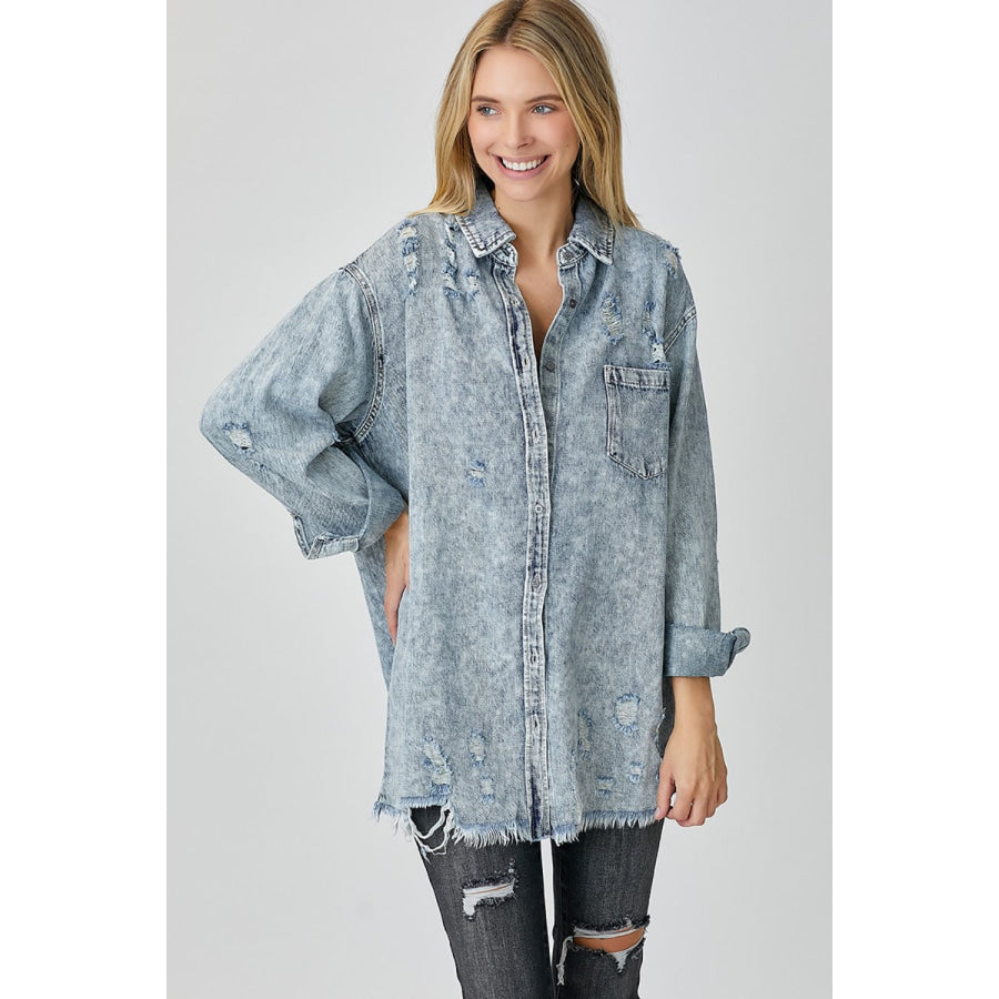 RISEN Distressed Raw Hem Denim Shirt Acid Light / S Apparel and Accessories