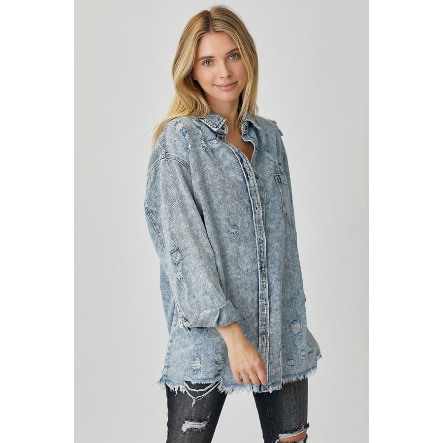 RISEN Distressed Raw Hem Denim Shirt Apparel and Accessories