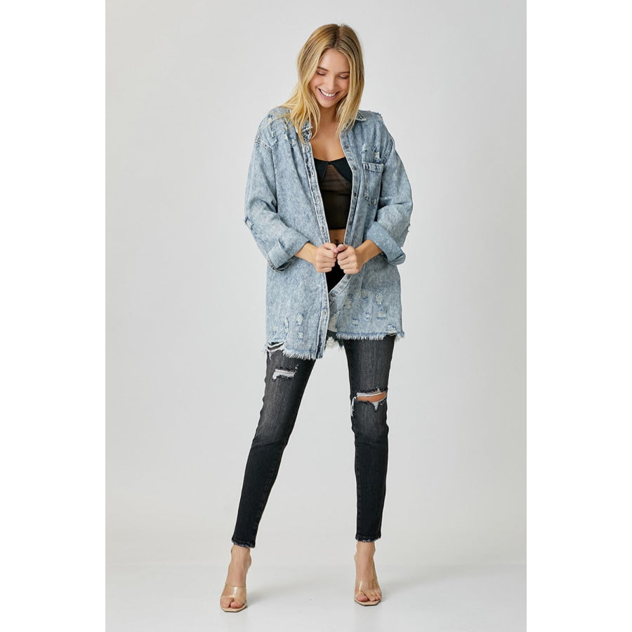 RISEN Distressed Raw Hem Denim Shirt Apparel and Accessories