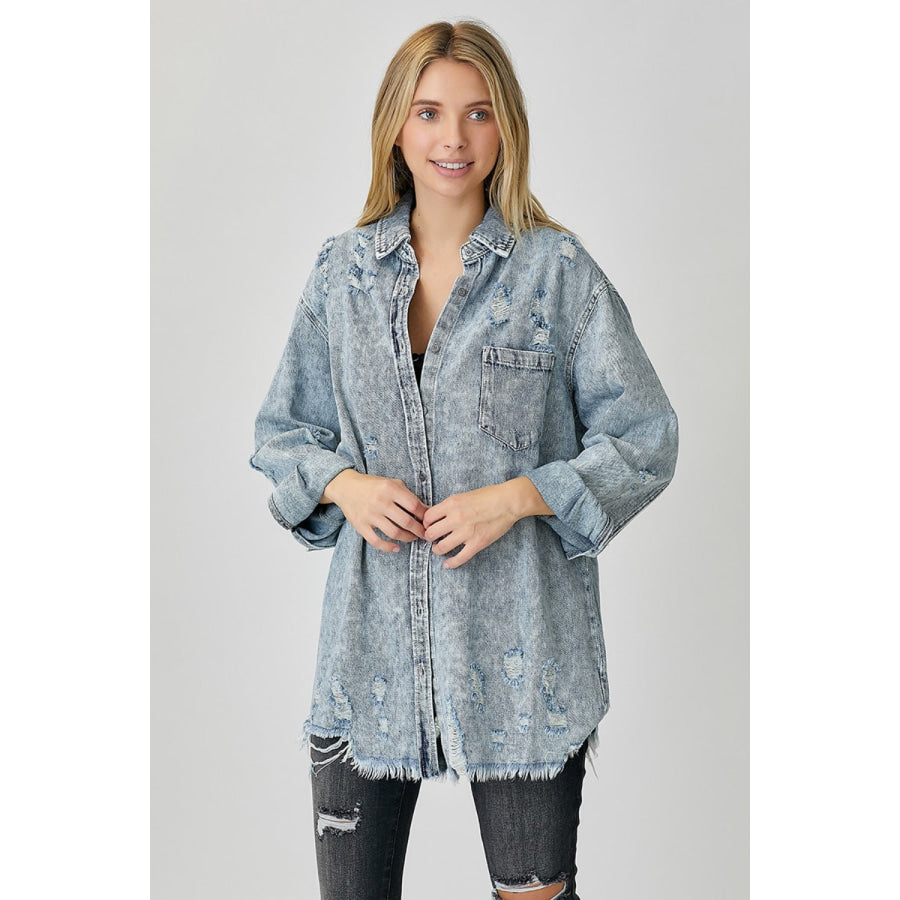 RISEN Distressed Raw Hem Denim Shirt Apparel and Accessories