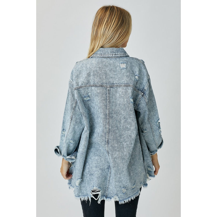 RISEN Distressed Raw Hem Denim Shirt Apparel and Accessories